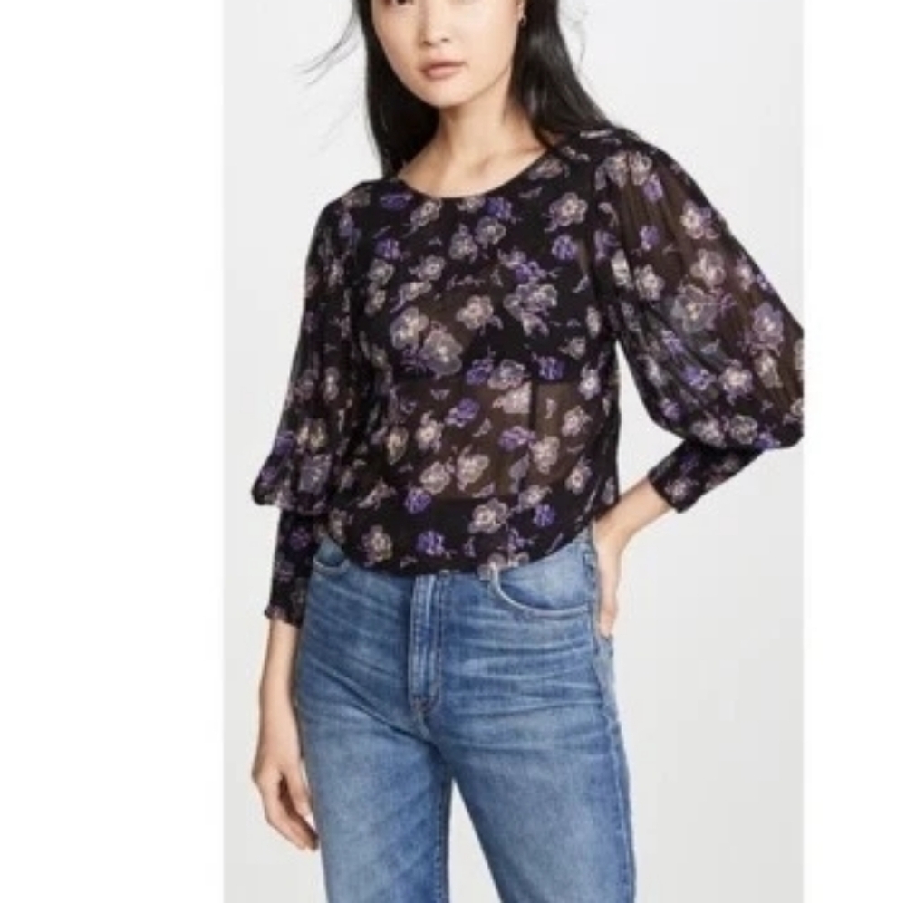 Ganni Printed Georgette Blouse Black Violet Size XS New
